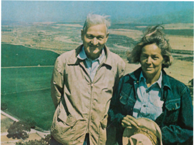 Jim and Betty Flood on a hillside overlooking Rancho Sisquoc vineyards below