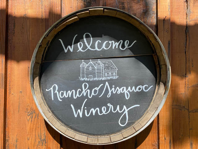 Welcome Rancho Sisquoc Winery barrel sign.